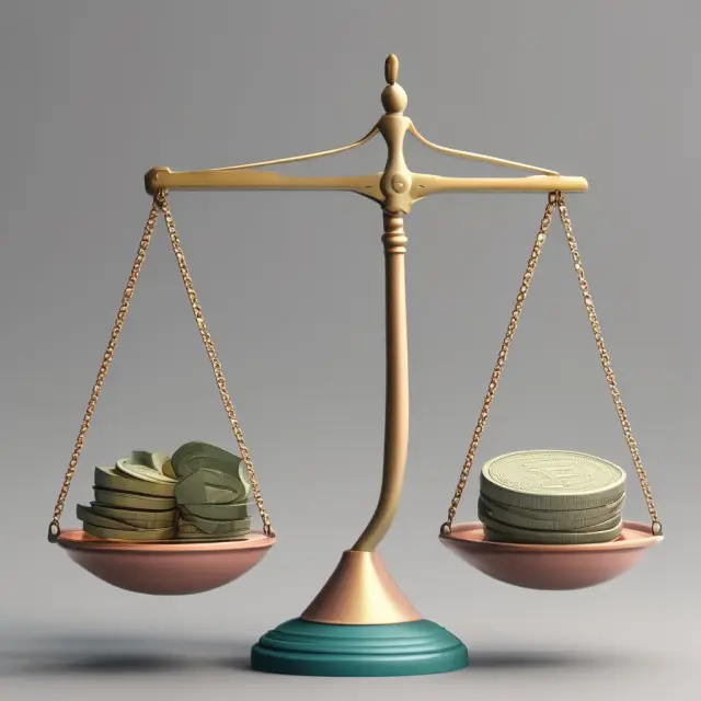 A set of scales evenly balanced between a mountain of bills and a pile of income, emphasizing effective debt management.