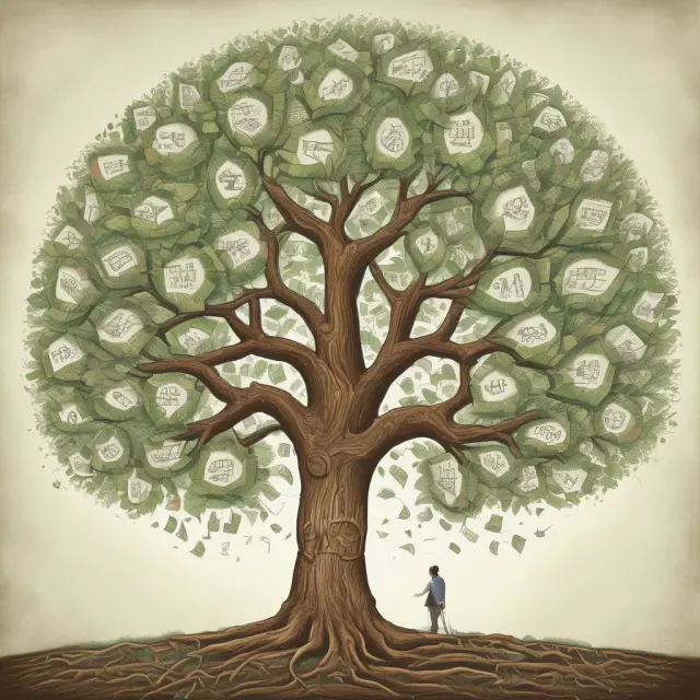 A tree laden with golden financial education leaves, surrounding individuals reaching out for knowledge