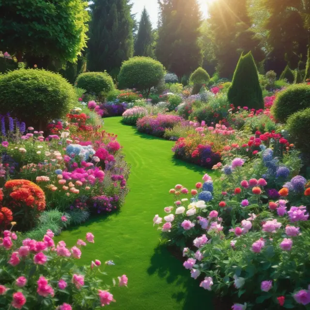 Garden with stocks (roses), bonds (daisies), derivatives (sunflowers), forex (exchange flags), and OTC (mushrooms) flowers, symbolizing various financial markets.