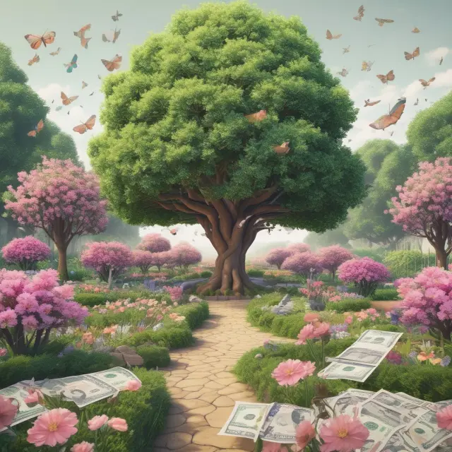 A flourishing garden filled with diverse flowers representing various financial markets, stocks, bonds, and currencies, growing together and creating wealth