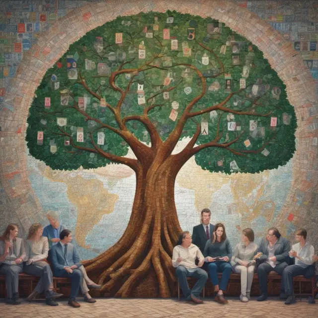 A vibrant mural showing various forex market players trading under a symbolic tree with different currency leaves