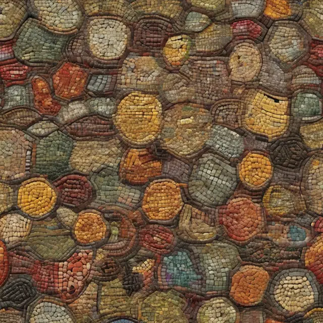 A vibrant mosaic depicting commodity markets, with spot markets represented by intricately arranged physical goods and derivatives markets illustrated as interconnected financial instruments