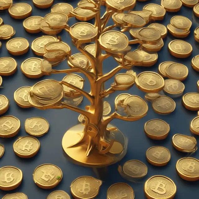Bitcoin miners extracting digital tokens from a blockchain tree, symbolizing cryptocurrency mining process
