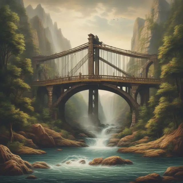A three-pillar bridge represents assets (stability), liabilities (obligations), and equity (growth) supporting an investor navigating the financial river of time