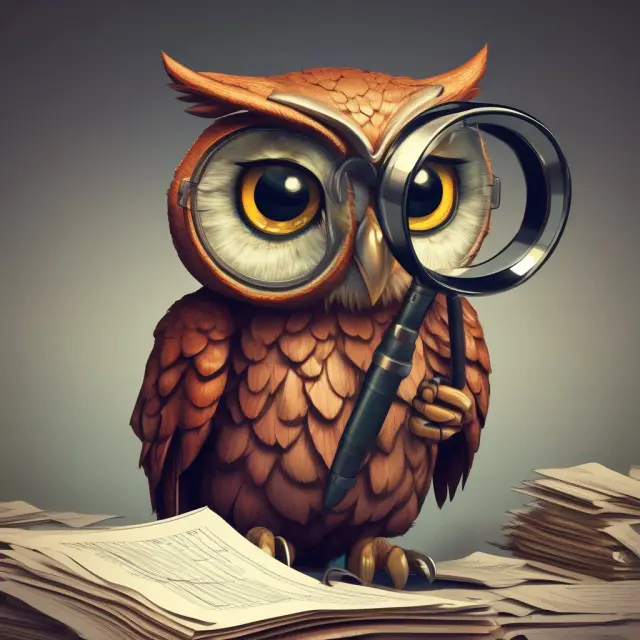 Wise owl examining financial statements using a magnifying glass for thorough analysis