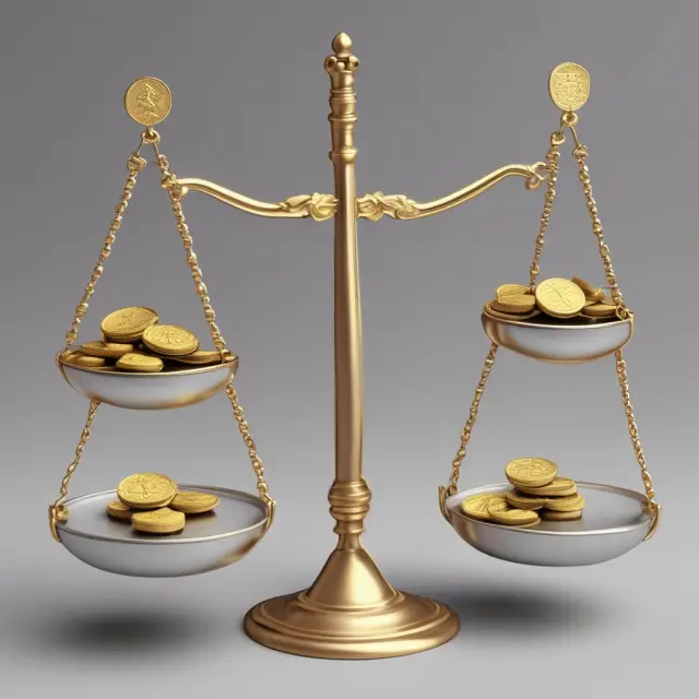 Golden scales balance financial ratios: gold coins represent assets while silver coins symbolize liabilities.