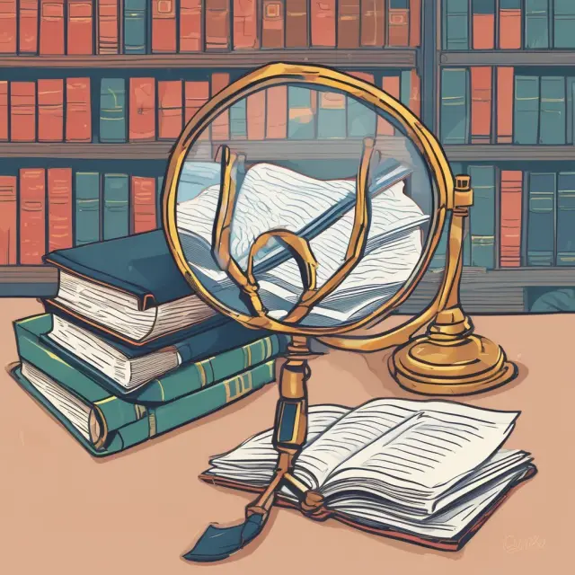 Library of financial statement books being analyzed by a magnifying glass, representing investor research