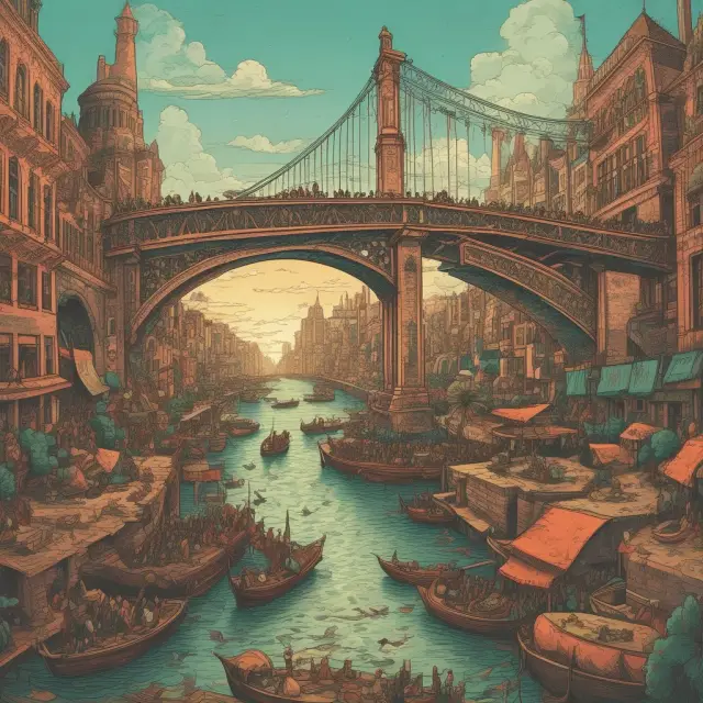 A bridge symbolizes the connection between public companies and various financing options, including debt (bonds) and equity (stocks), in vast landscapes of private and public markets.