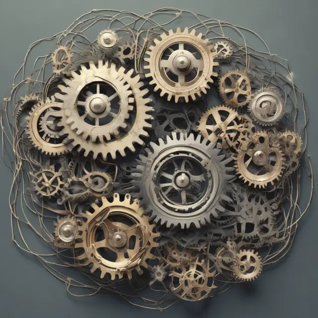 Gears and wires depicting a complex financial network, emphasizing its organization and efficiency.