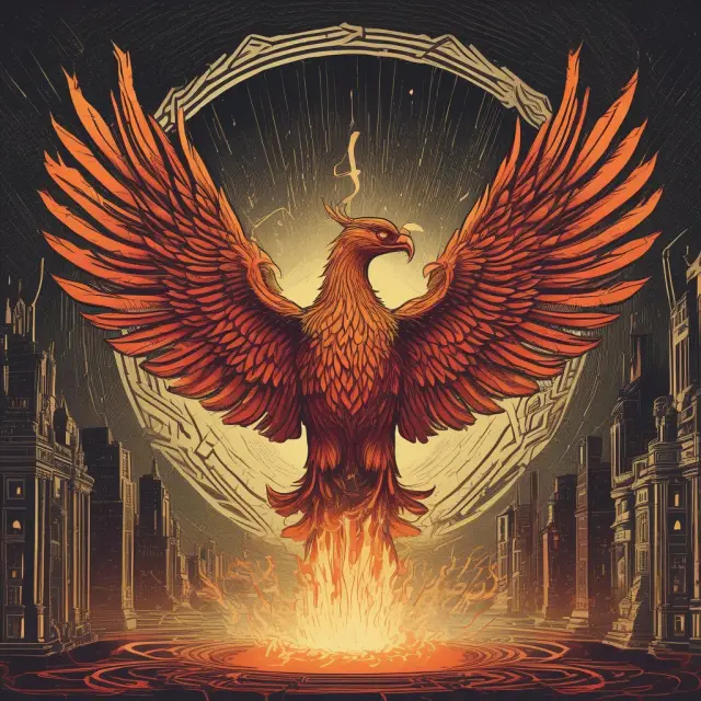 Phoenix rising above traditional financial systems, representing innovative advancements in finance