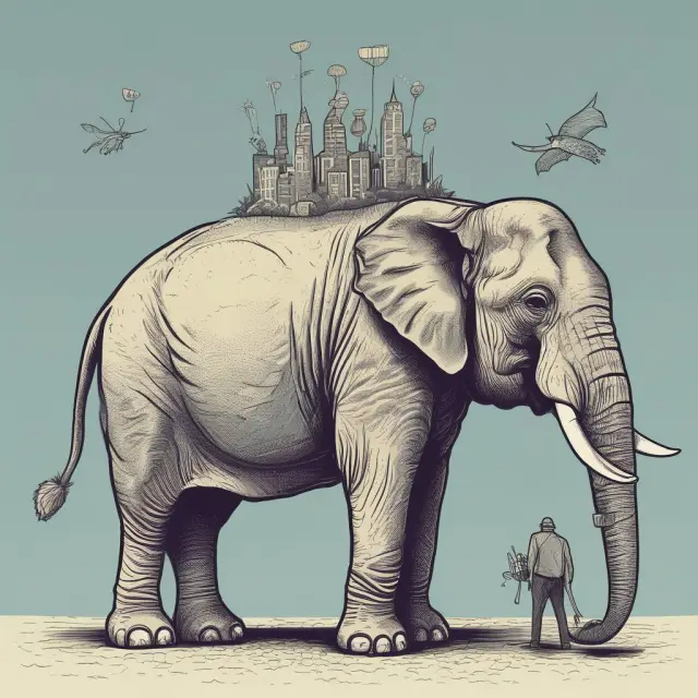 An elephant representing financial distress weighing heavily on a small ant, symbolizing individuals struggling with unmanageable debts.