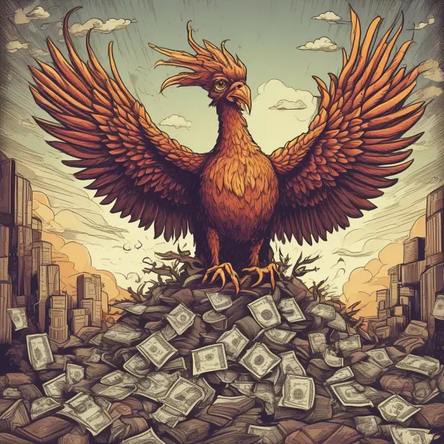Phoenix emerging from a mound of debt symbols, representing financial distress remediation