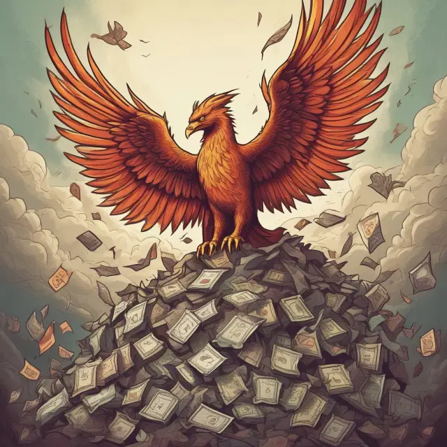 A Phoenix emerging from a mountain of debt, signifying the process of individuals regaining control of their finances