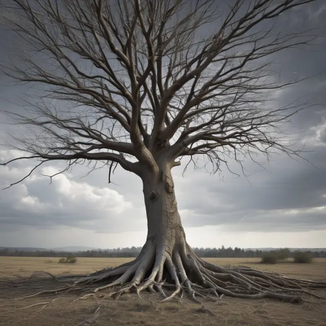 A fractured tree with broken branches, representing the consequences of unaddressed financial distress
