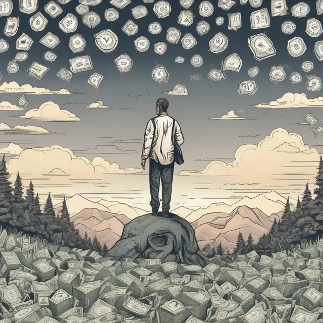 Person on top of mountain tending to diversified investment garden with various asset classes: stocks, bonds, real estate, and cash