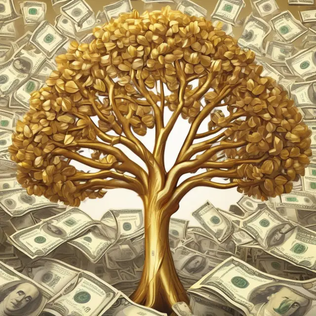 Golden tree symbolizing the financial sector, its leaves representing stocks providing sustenance to an economy