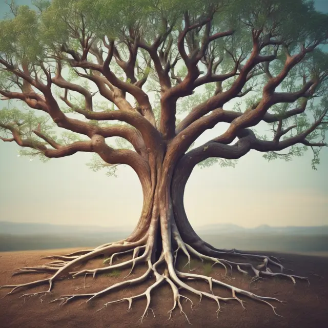 An image of a thriving tree with roots anchored in various financial stocks representing the strong foundation of a diversified portfolio. Branches reach towards income (dividends) and capital gains.