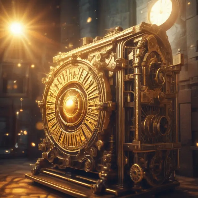 A golden sun radiates light onto a well-oiled and efficient machine, representing the positive factors boosting the financial sector
