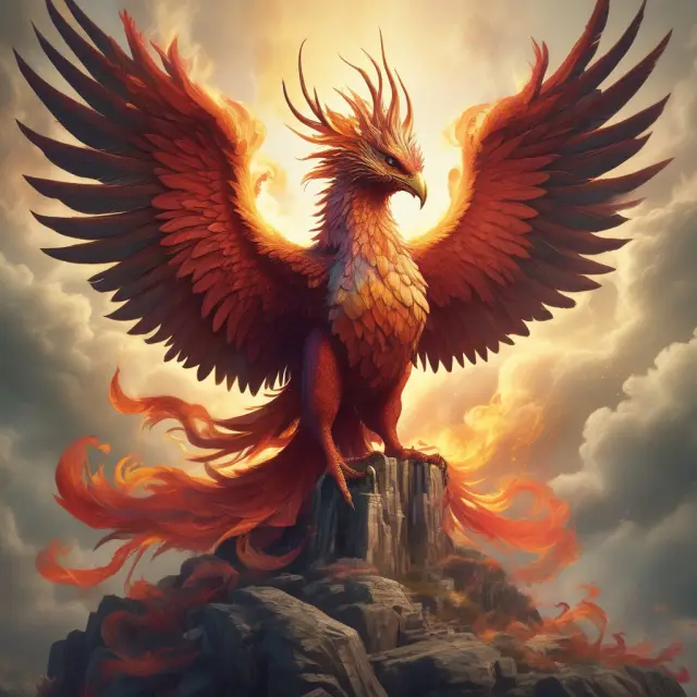 A majestic phoenix emerging from a pile of gold coins, representing the financial sector