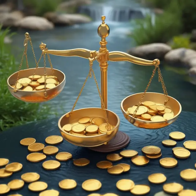 Gold coins symbolizing revenues flowing onto a scale, with expenses represented as a flowing stream