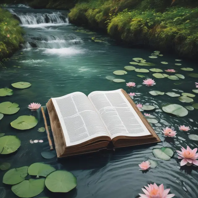 An open financial accounting book on a table with FAQ questions floating as water lilies around it