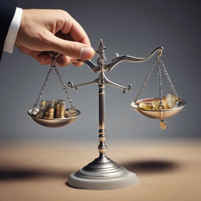 Golden hand representing tangible assets (real estate, land), silver hand symbolizing intangible assets (intellectual property, goodwill), and balance scale balancing financial assets (stocks, bonds).