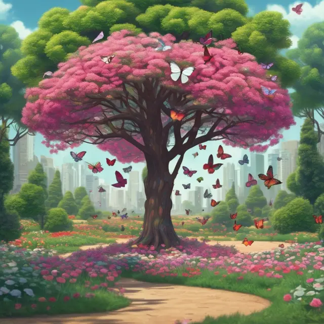 A lush garden with liquid assets blooming as flowers, real estate represented by towering trees, and financial derivatives depicted as metamorphosing butterflies