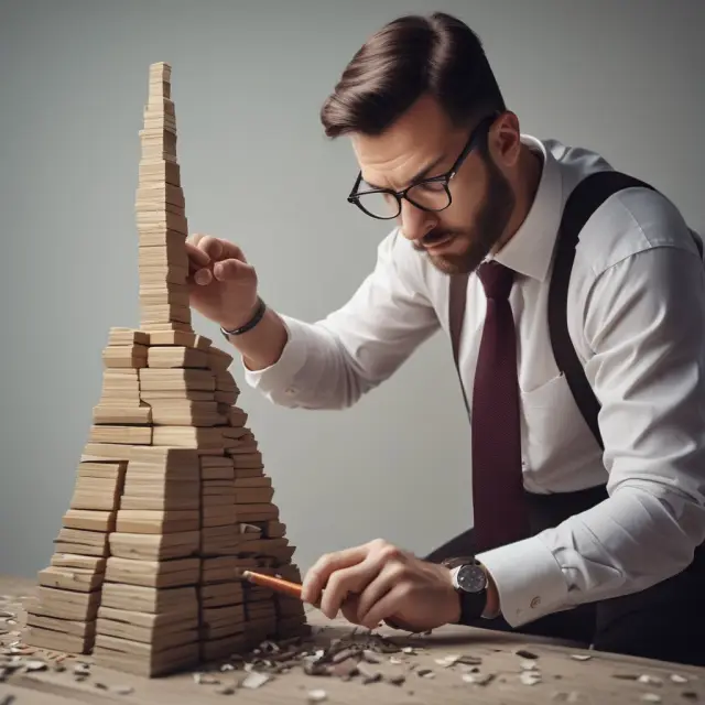 A financial engineer at work, creating a complex product on an unstable fault line representing both innovation and risk.
