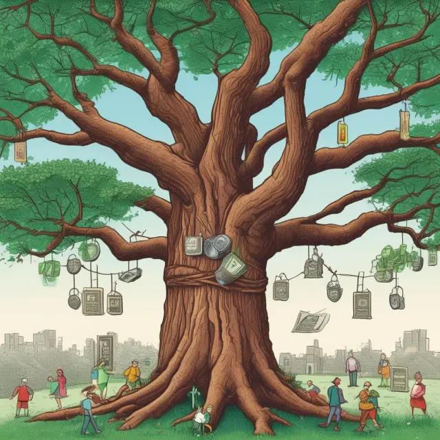 A network of interconnected financial institution branches growing from a single source, symbolizing the connection between savers and borrowers