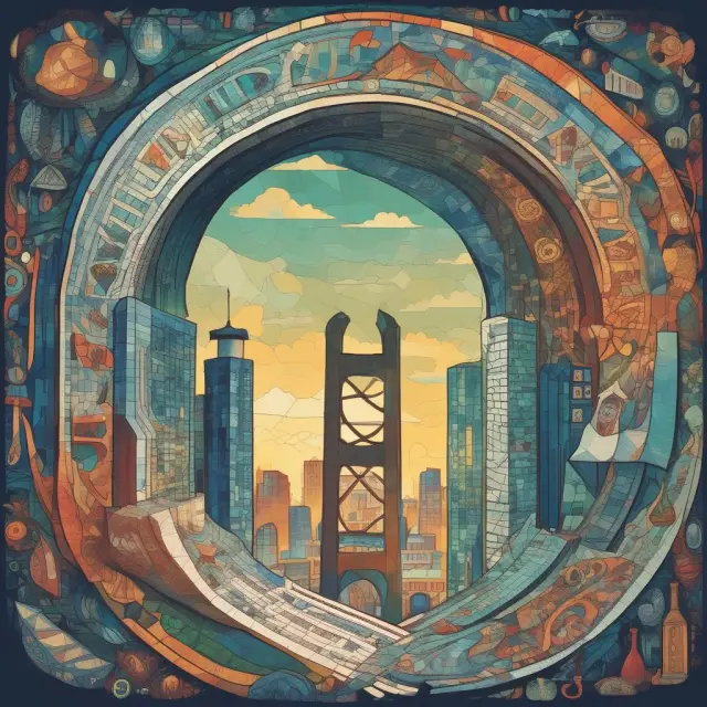 A vibrant mosaic bridge connects various parties, illustrating how financial intermediaries facilitate transactions between borrowers, lenders, and investors.
