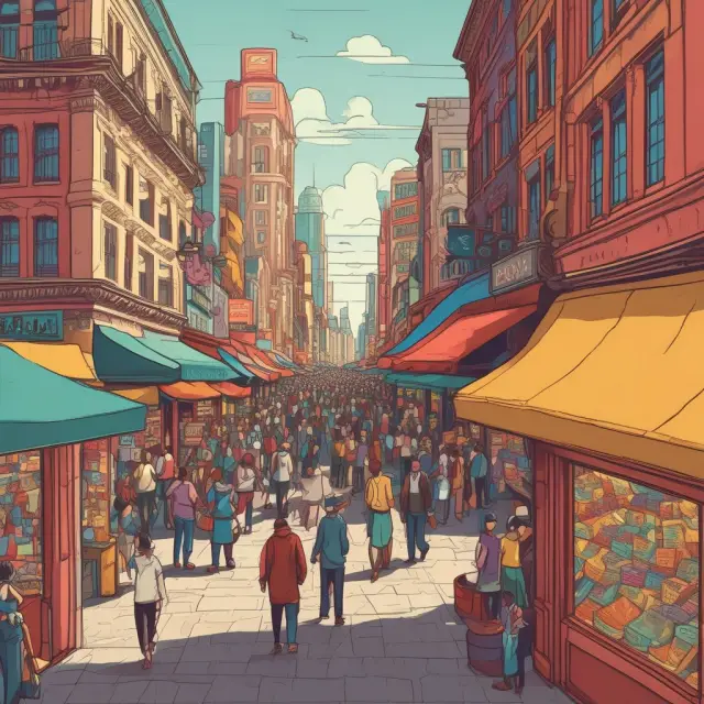 Vibrant marketplace scene showcasing banks as the central hub for loans, credit, deposits, and transactions