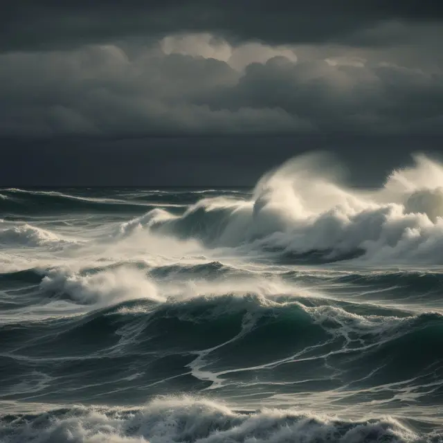 An insurance company sailboat navigating through a stormy sea, offering safety to various policyholder ships by redistributing risks among a larger fleet.