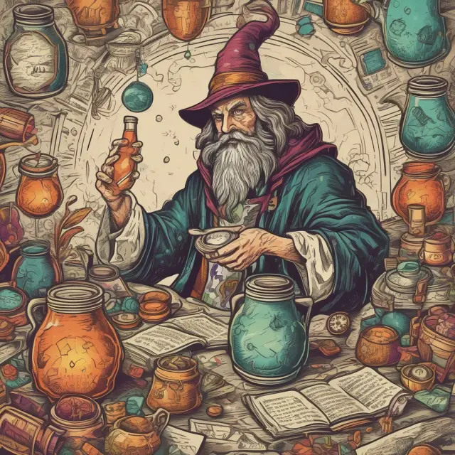 An alchemist, representing financial modeling, blends data and assumptions in a cauldron to create accurate predictions
