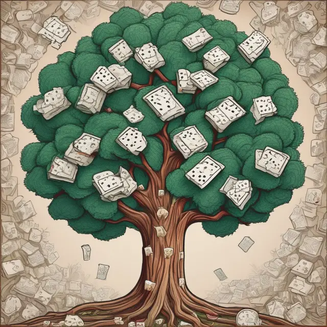 A scene of Monte Carlo dice rolled across a table affecting scenario dominos, with a stress-resilient tree growing strong amidst the financial data