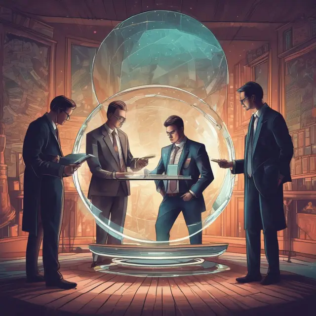 Analysts examining crystal ball containing financial data using fundamental, technical, and ratio analysis methods