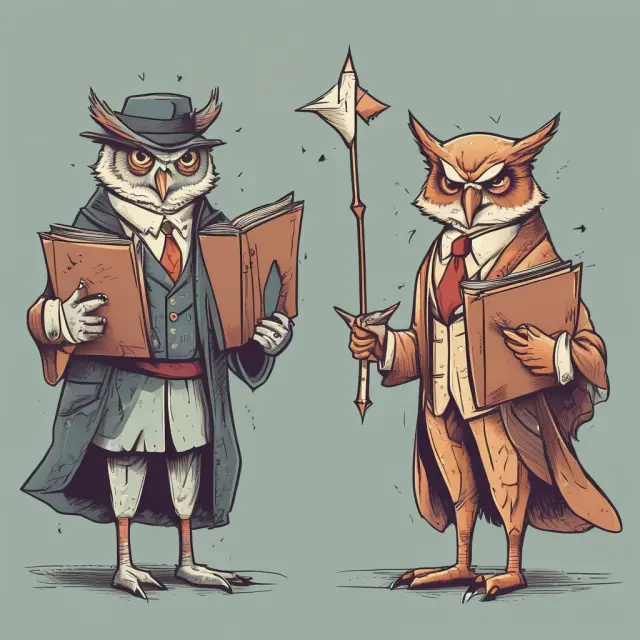 An owl representing fee-based planners holding an open book, contrasted with a fox symbolizing commission-based planners armed with arrows.