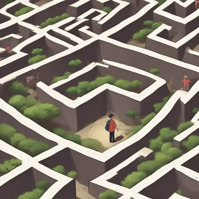 A person exploring various financial paths in a maze while a caring financial planner provides guidance and support