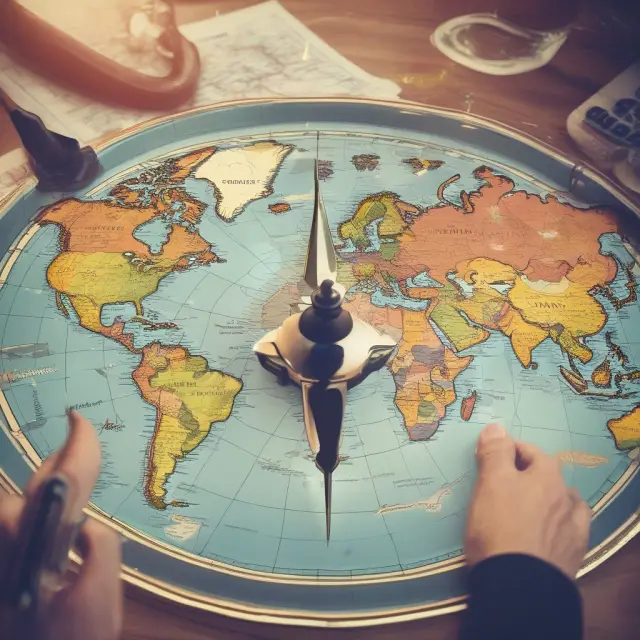 A financial planner holds a compass, helping individuals navigate their financial journey by setting and achieving goals represented as destination points on a world map