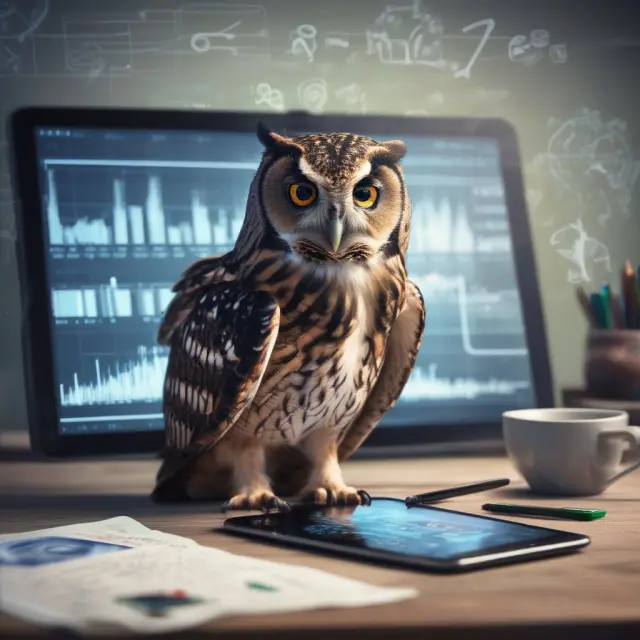 An owl with a tablet and financial charts illustrates technology
