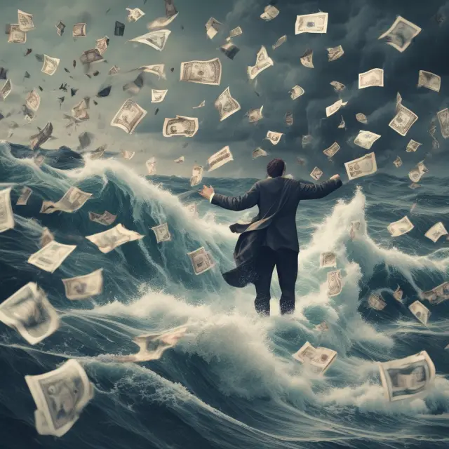 Person managing financial risks in a turbulent sea of currencies: Liquidity risk (market and funding), Speculative risk, Currency risk, and Foreign investment risk.