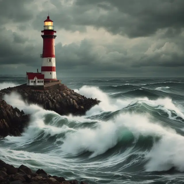 A turbulent sea representing financial risks, with a lighthouse symbolizing wise assessment and risk management