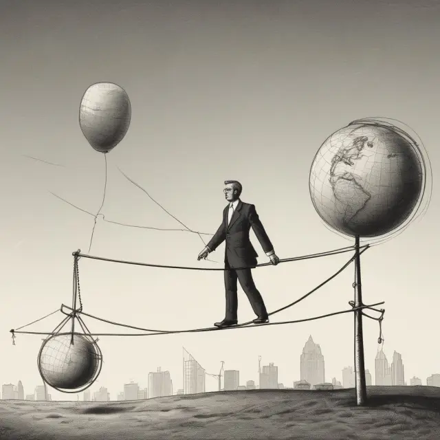 An institutional investor balances a globe representing the global economy on a tightrope while juggling various risks such as credit, liquidity, operational, equity, currency and asset-backed risks.