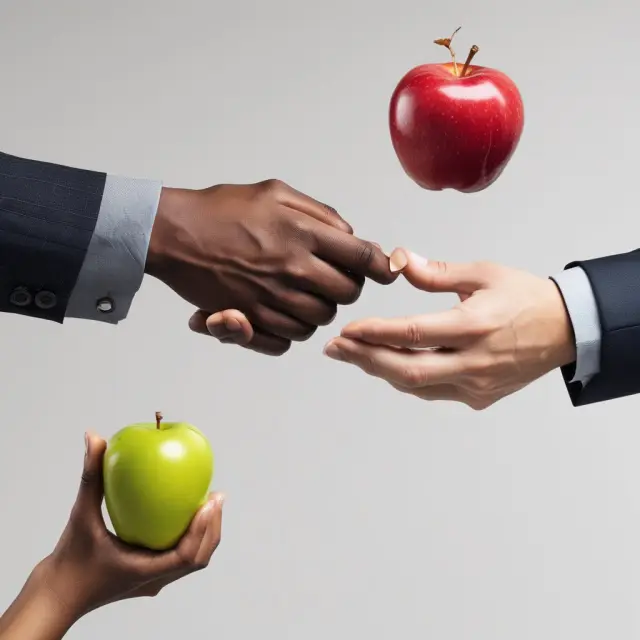 Two hands symbolizing debt and equity in a financial transaction: one hand offering an apple for a loan, the other accepting an apple as a share of ownership