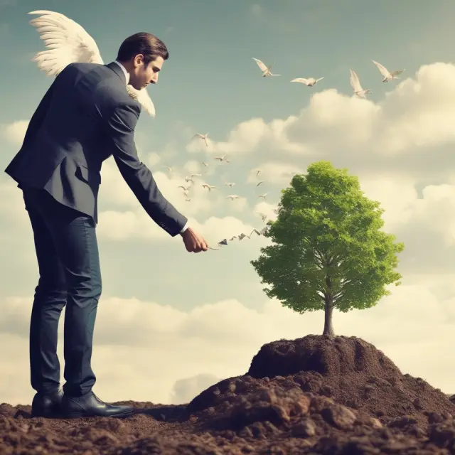 An angel investor sowing seeds representing capital, working alongside an entrepreneur, symbolizing shared ownership and risk in a flourishing business ecosystem.