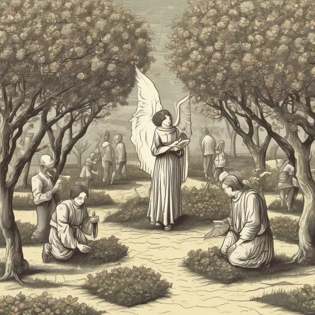Angel investors nurturing startups, venture capitalists growing promising businesses, and crowdfunding platforms fostering new opportunities in an orchard and garden setting