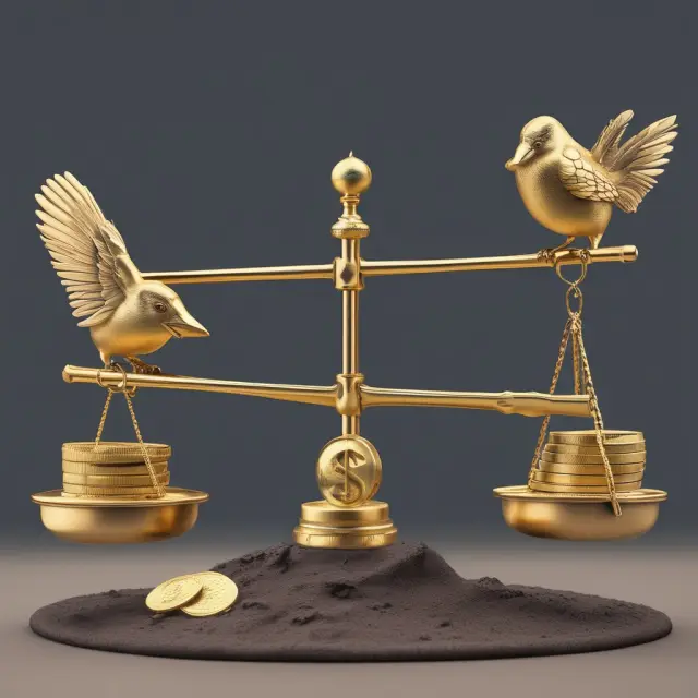 Golden scale with debt (coins) versus equity (feathers), illustrating business financing choices