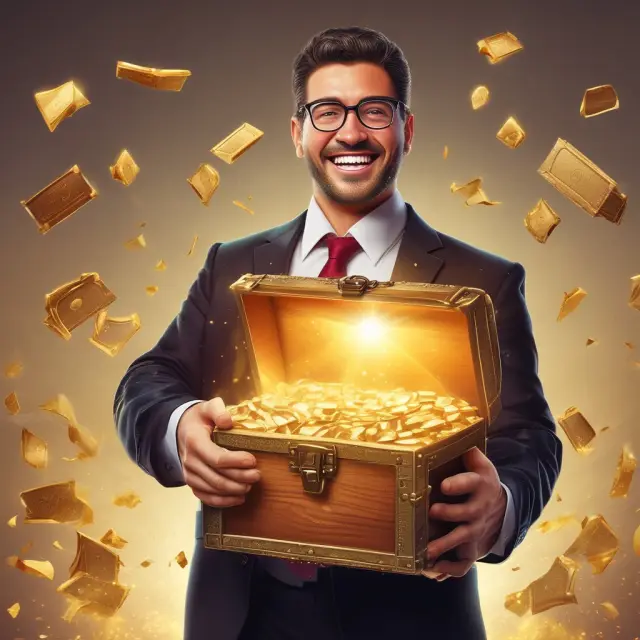 An intermediary holds a treasure chest filled with golden deals, symbolizing the rewards they receive for bringing valuable opportunities to businesses