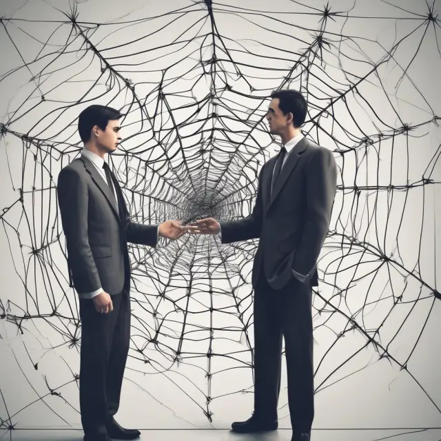 Two figures engaging in a business deal while creating a complex agreement with a spider weaving a web around them