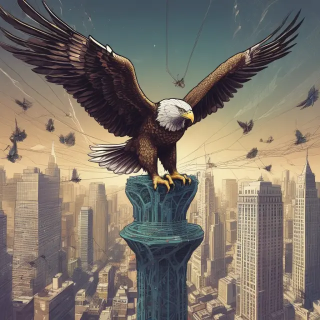A regal eagle representing FINRA oversees a network of interconnected financial branches, offices, and securities representatives