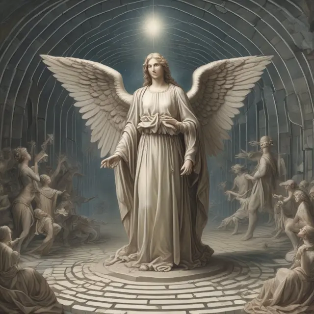 An ethereal guardian angel leads a group of securities professionals, symbolizing FINRA